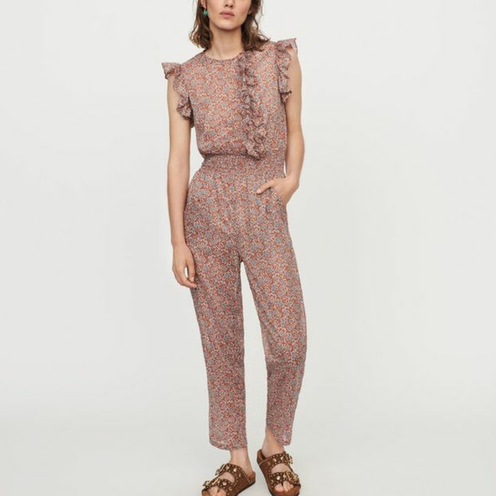 Maje Floral Ruffle Jumpsuit - Pink and Blue